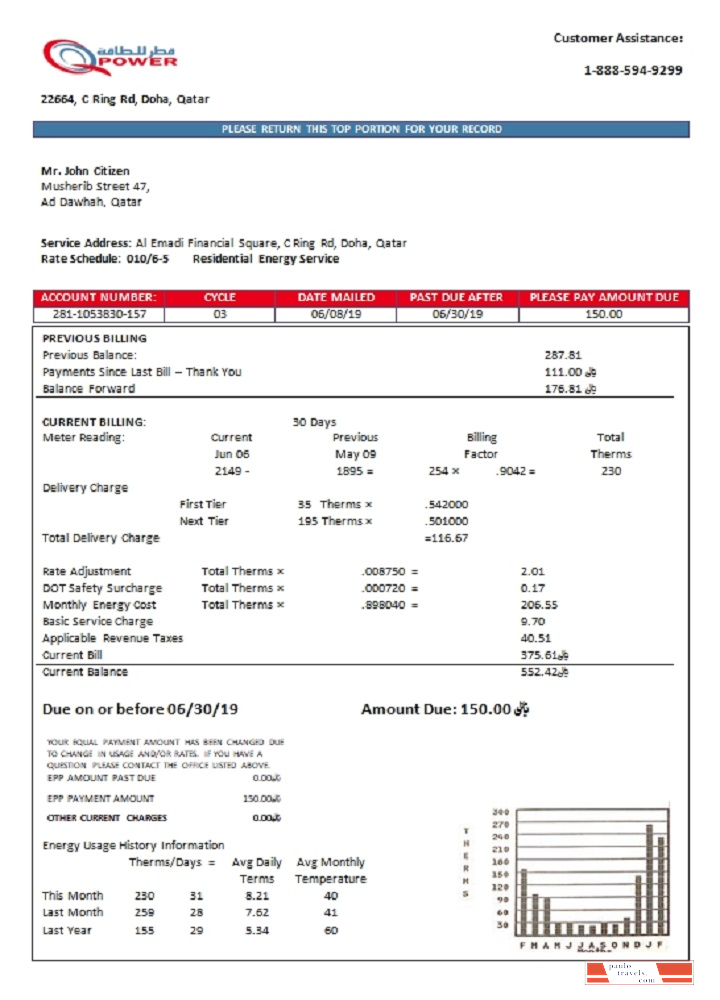 Qatar Power Company electricity utility bill template in Word and PDF format
